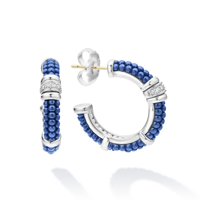 Lagos Sterling Silver & Marine Blue Caviar Ceramic 25mm Hoop Earrings with 1 Diamond Row