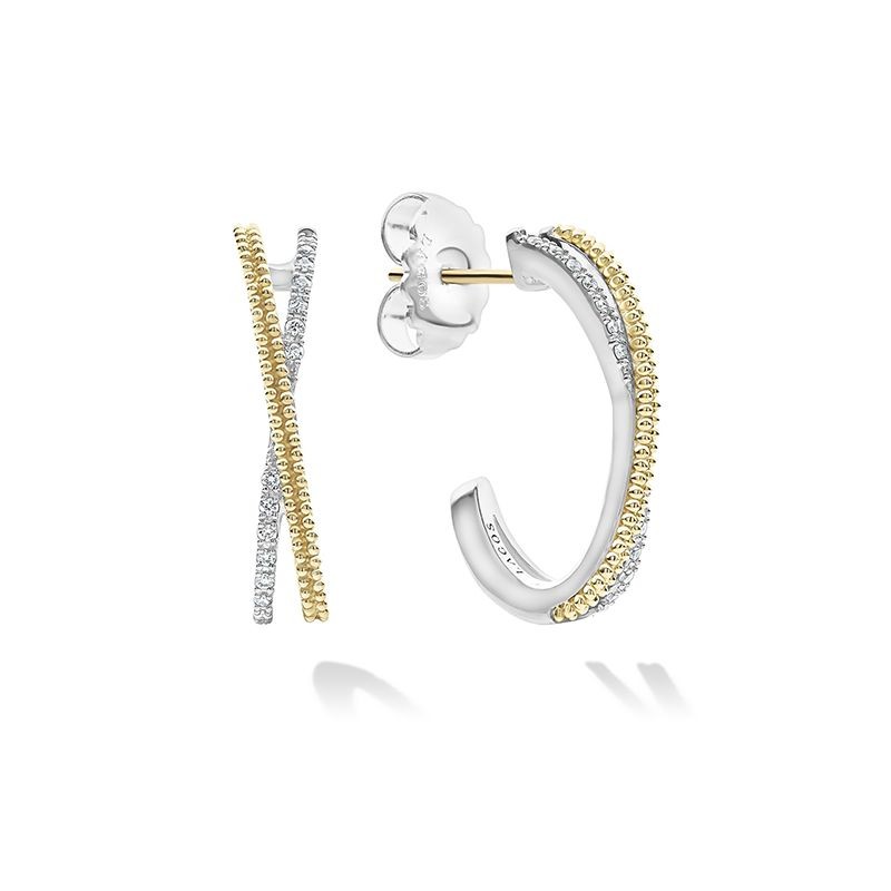 Lagos 18K Yellow Gold and Sterling Silver Caviar Lux Diamond Hoop 13mm Earrings