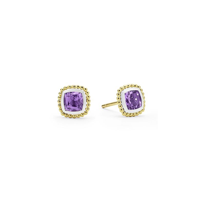 Lagos Sterling Silver & 18K Yellow Gold Amethyst 7mm Cushion Stud Earrings