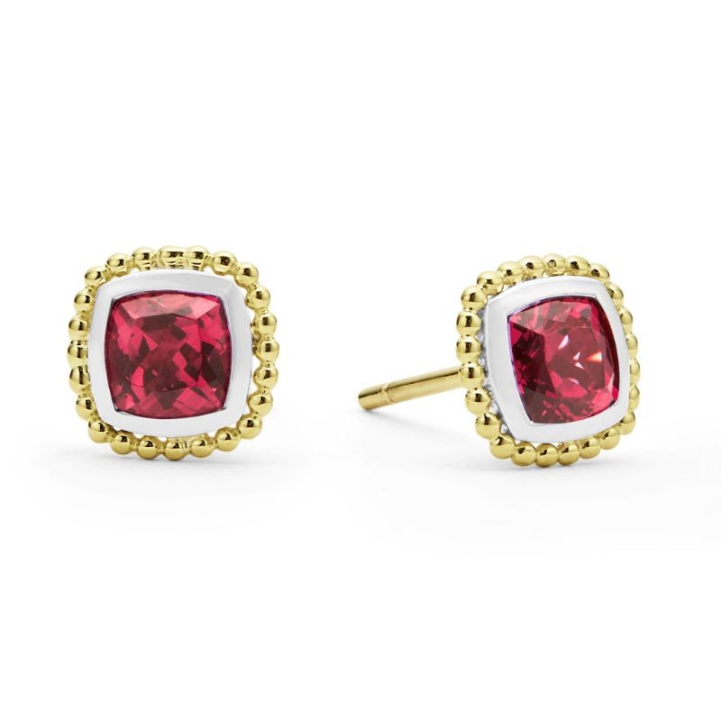 Lagos Sterling Silver & 18K Yellow Gold Caviar Rhodolite Garnet 7mm Cushion Stud Earrings