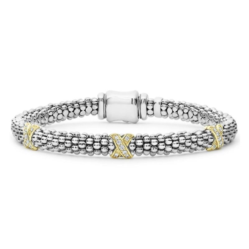 Lagos Sterling Silver & 18K Yellow Gold Caviar Lux Diamond Triple X 3 Station 6MM Rope Bracelet - Size M