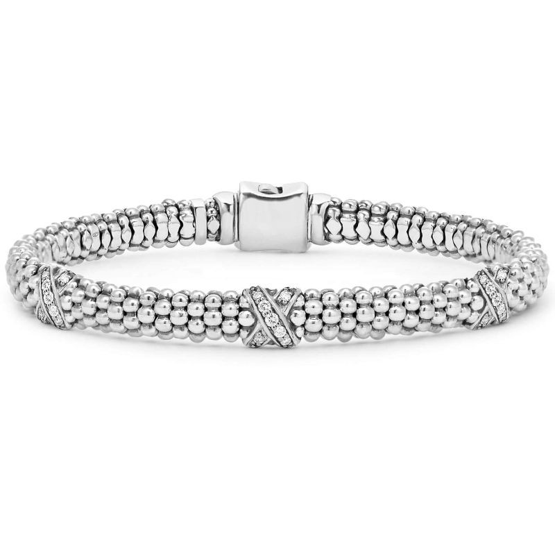 Lagos Sterling Silver Caviar Lux Three Diamond X 6mm Bracelet