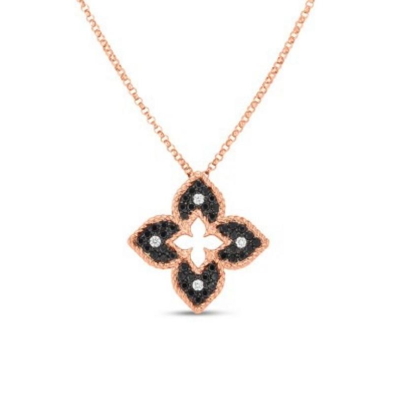 Roberto Coin 18K Rose Gold Venetian Princess Black and White Diamond Flower Pendant Necklace