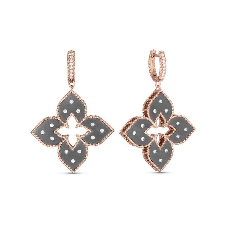 Roberto Coin 18K Rose Gold Venetian Princess Diamond & Grey Titanium Large Drop Earrings with 24 Round Brilliant Cut Diamonds 0.45 TCW G-H SI