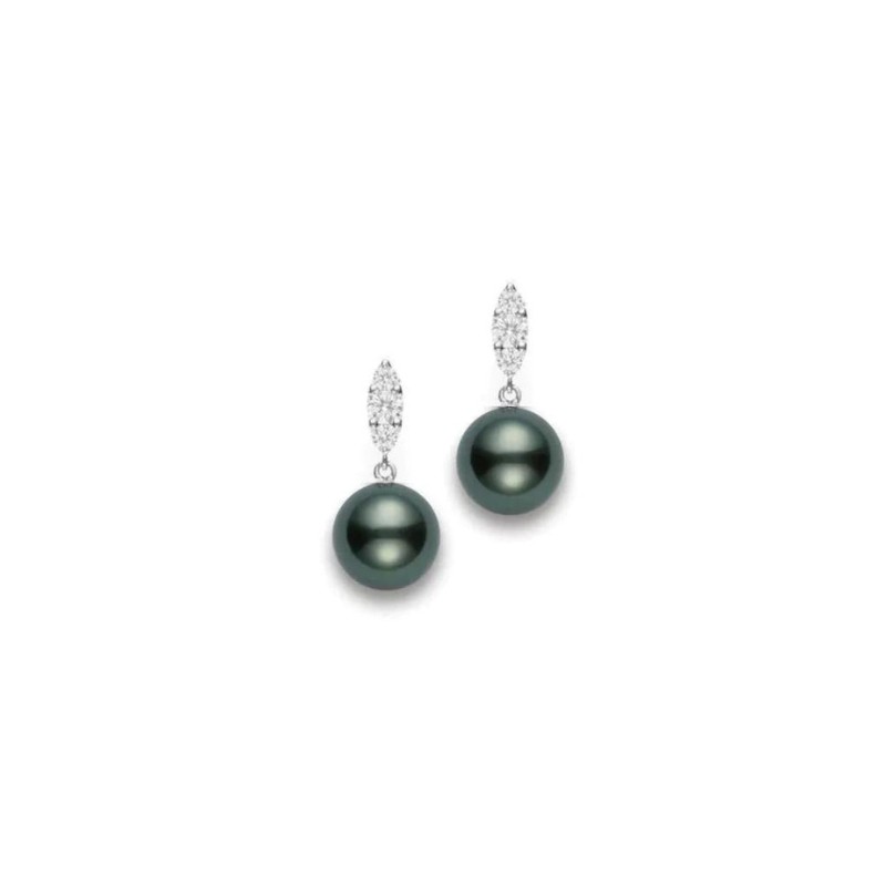 Mikimoto 18K Black South Sea Pearl Earrings A+ 9mm with 6 Round Diamonds 0.26 Tcw F-G VS